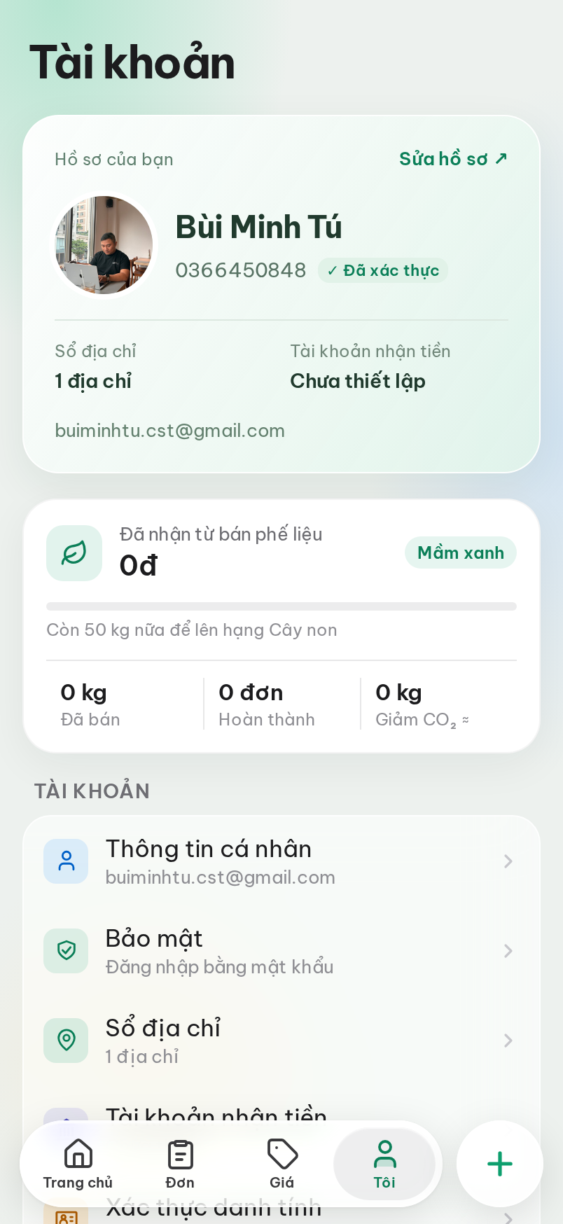 Trang Tôi: thống kê cá nhân, hạng thành viên và các mục tài khoản.