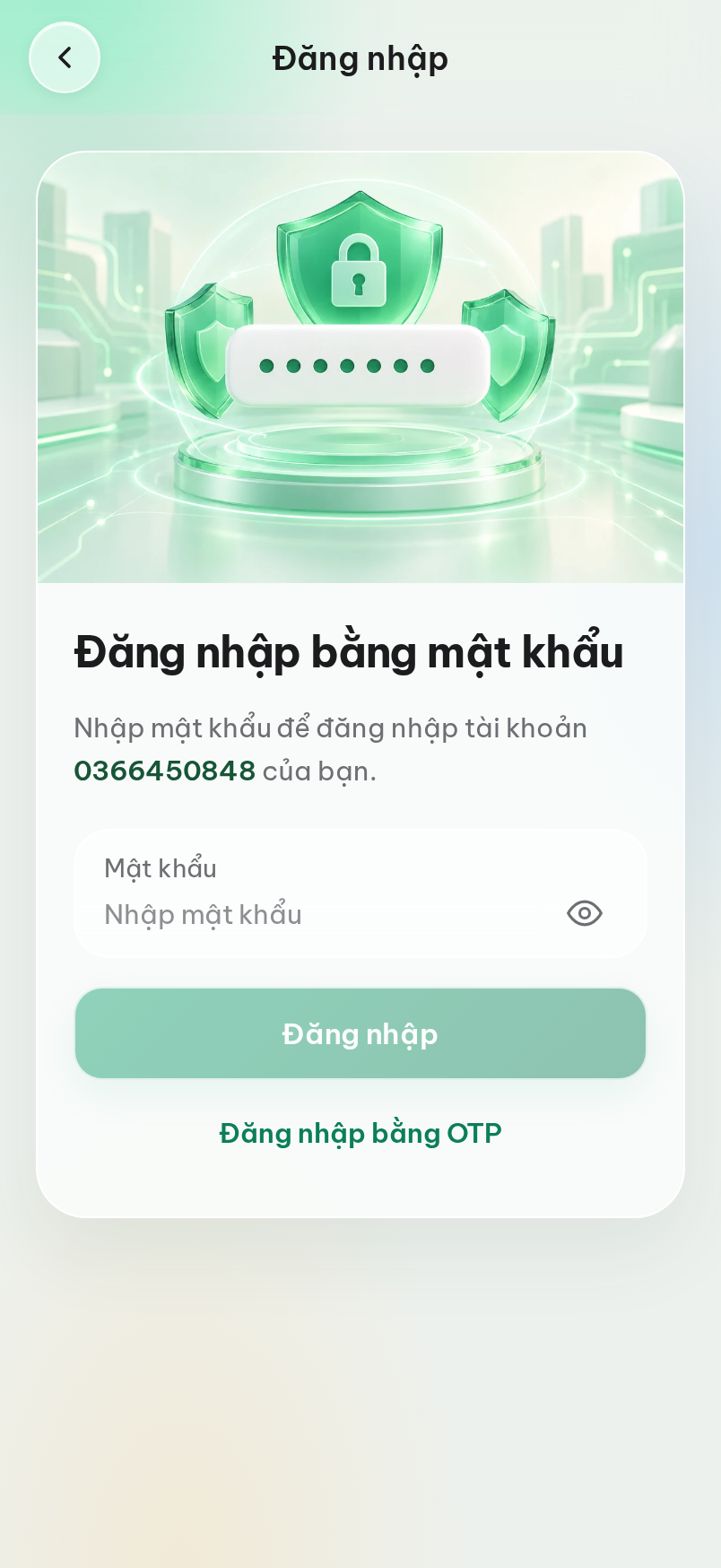Đăng nhập bằng mật khẩu cho số điện thoại đã nhập.