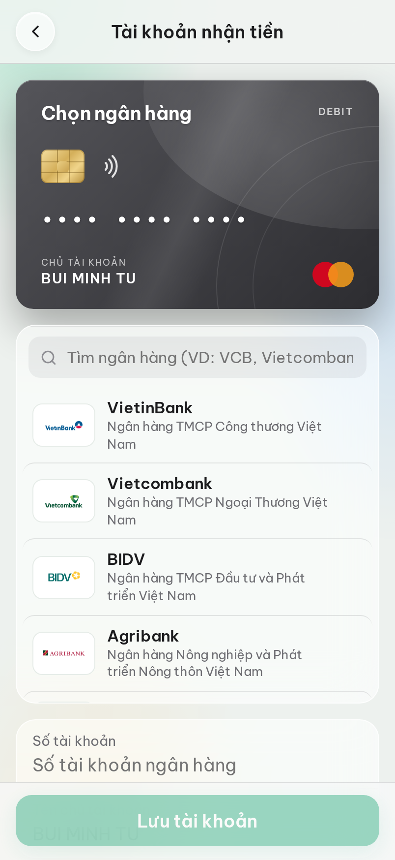 Tài khoản nhận tiền: ngân hàng, số tài khoản và tên chủ tài khoản.