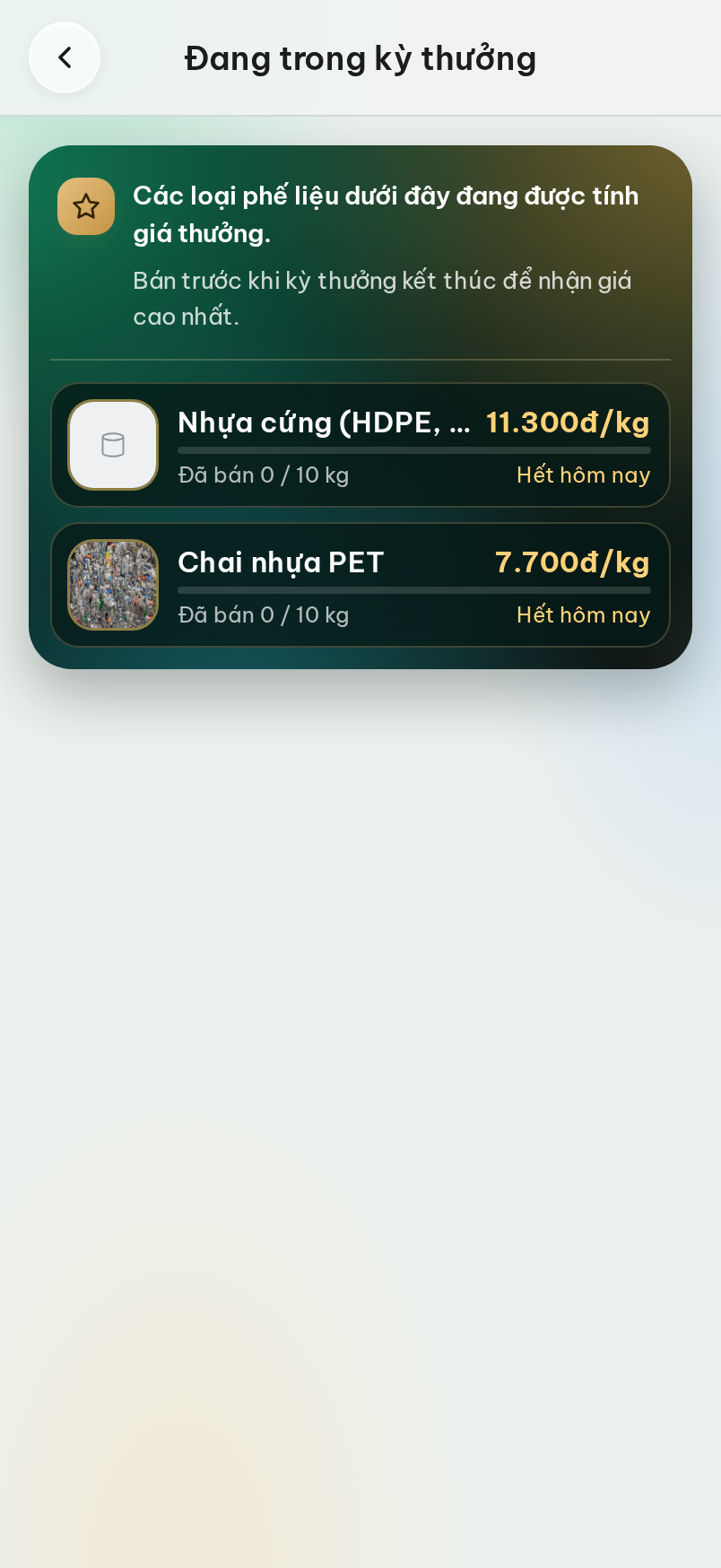 Các kỳ thưởng đang mở: giá thưởng, khối lượng đã bán và hạn chót.