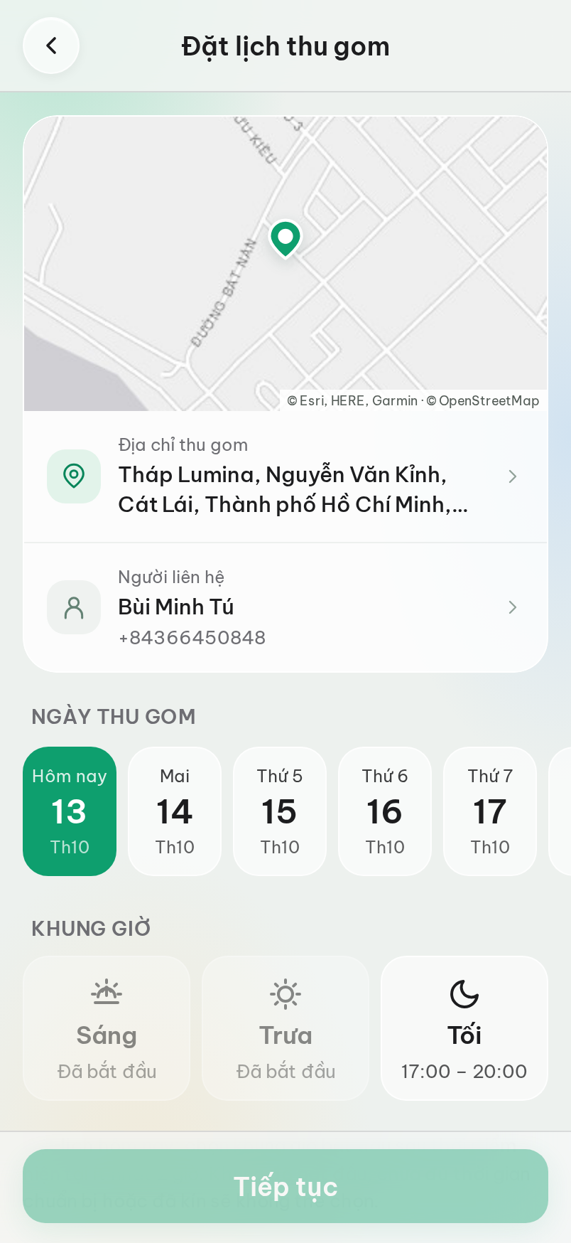 Đặt lịch — địa chỉ thu gom, chọn ngày và khung giờ.