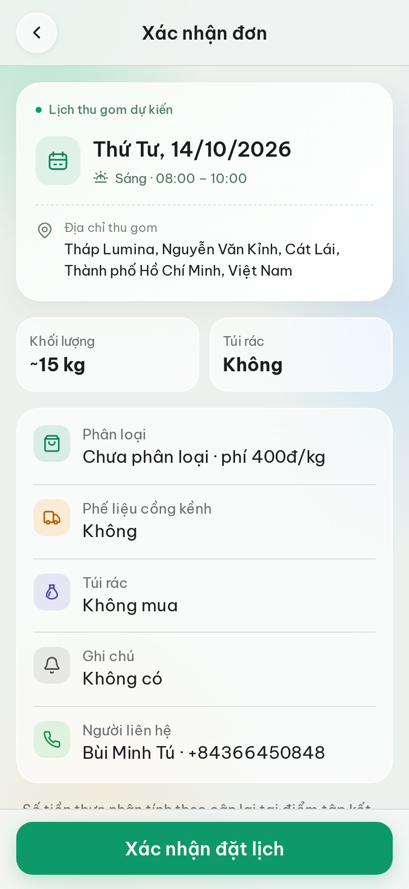 Xem lại thông tin đặt lịch trước khi xác nhận.