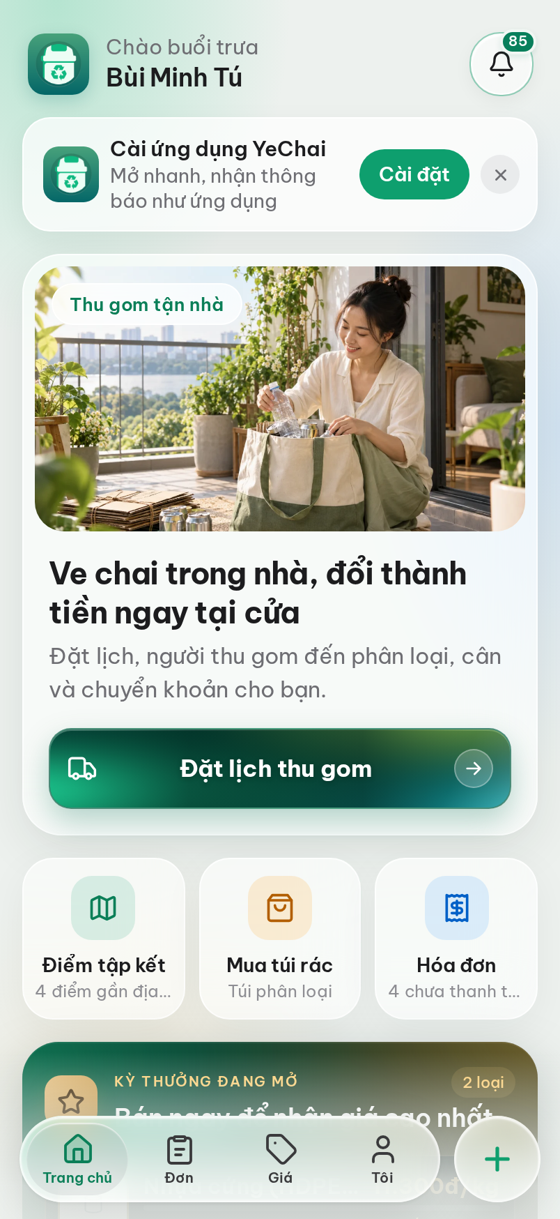 Trang chủ: đặt lịch thu gom, điểm tập kết, mua túi rác và hóa đơn.