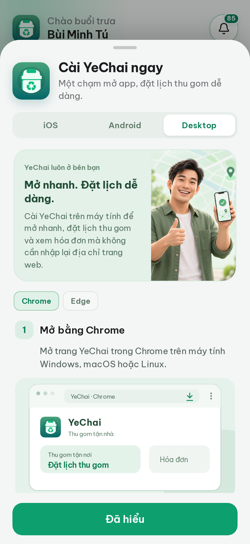 Hướng dẫn cài YeChai thành ứng dụng trên màn hình chính.