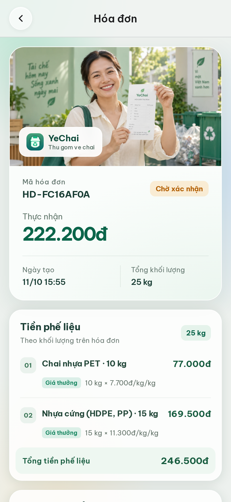 Chi tiết hoá đơn: khối lượng theo loại, phí, thuế và tổng tiền.