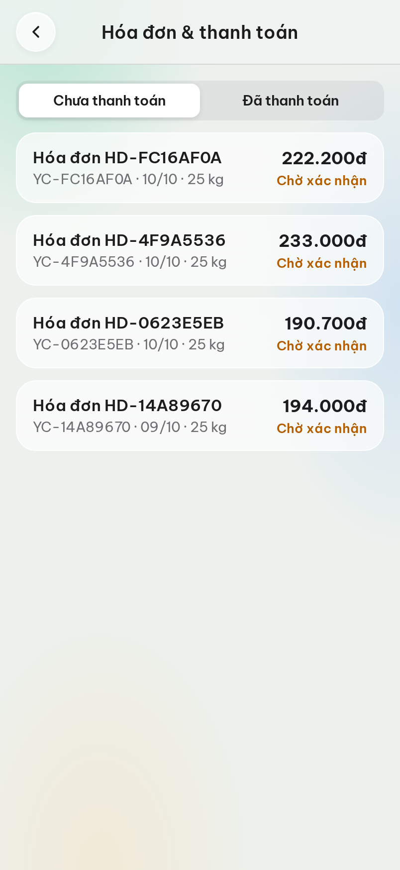 Danh sách hoá đơn theo trạng thái chưa thanh toán, đã thanh toán, đã huỷ.