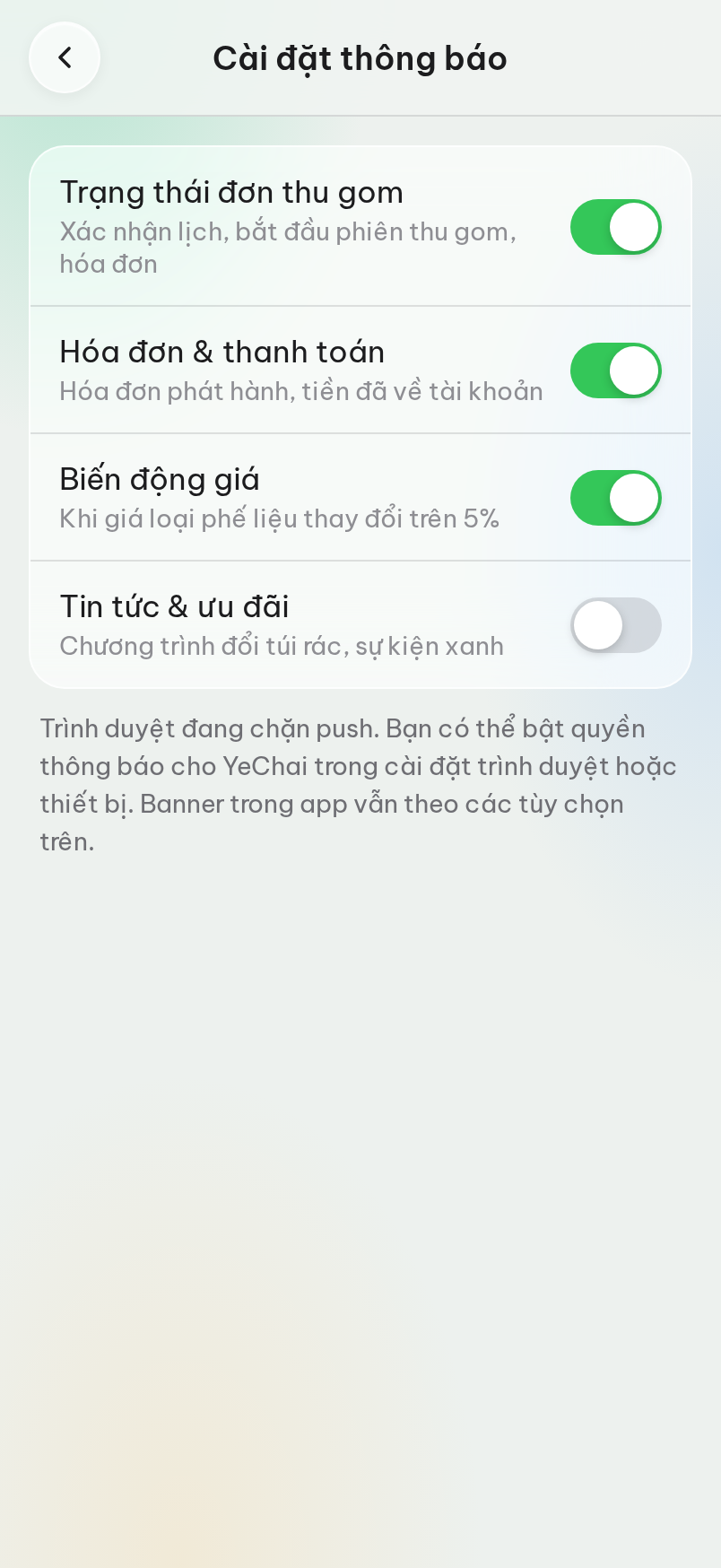 Cài đặt nhận thông báo theo từng loại.