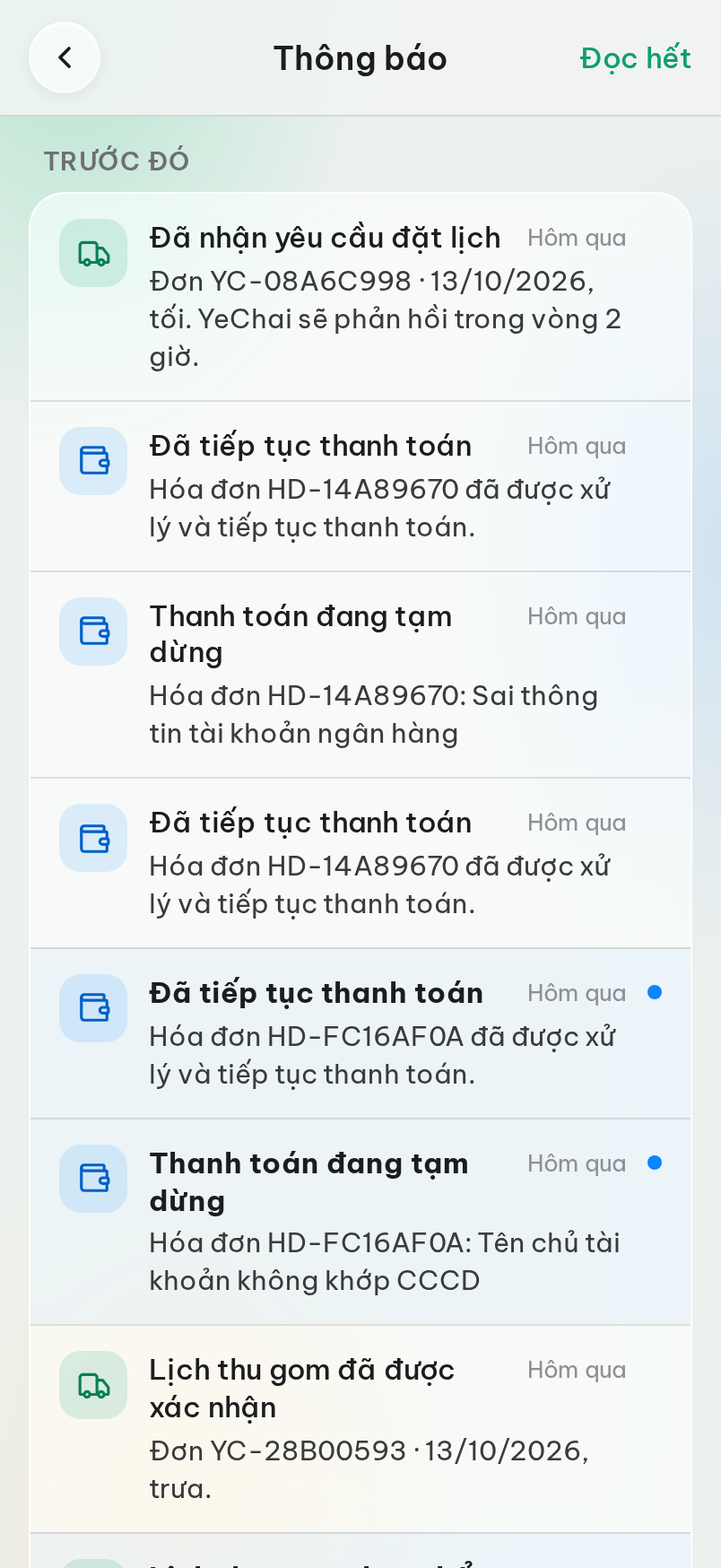 Danh sách thông báo của bạn.