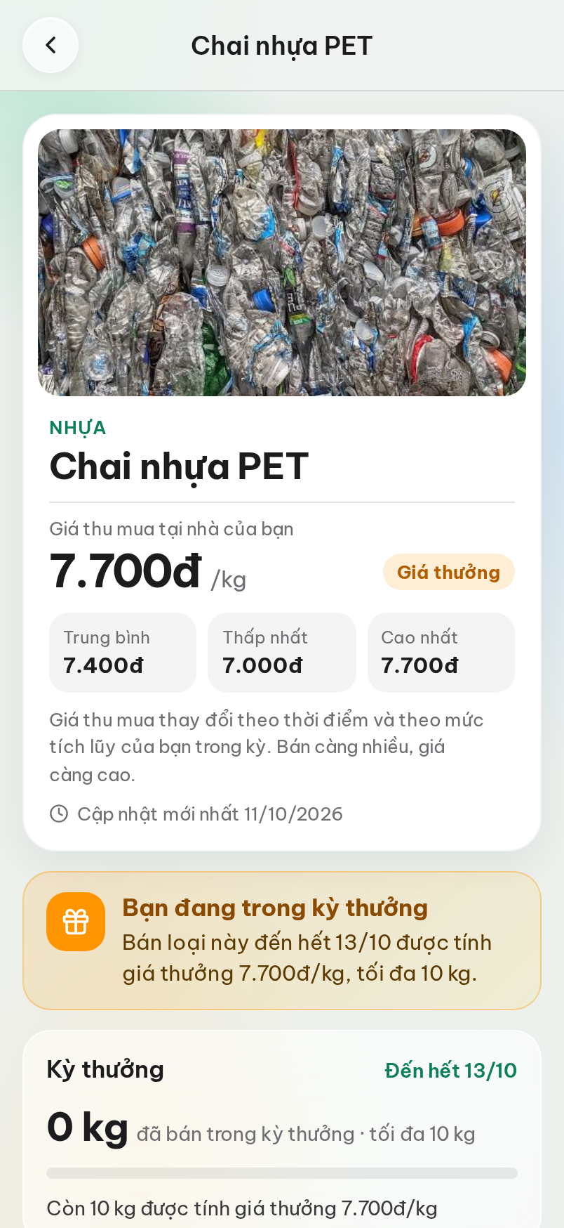 Chi tiết một loại phế liệu: giá hiện tại, biểu đồ và bảng bậc tích luỹ.