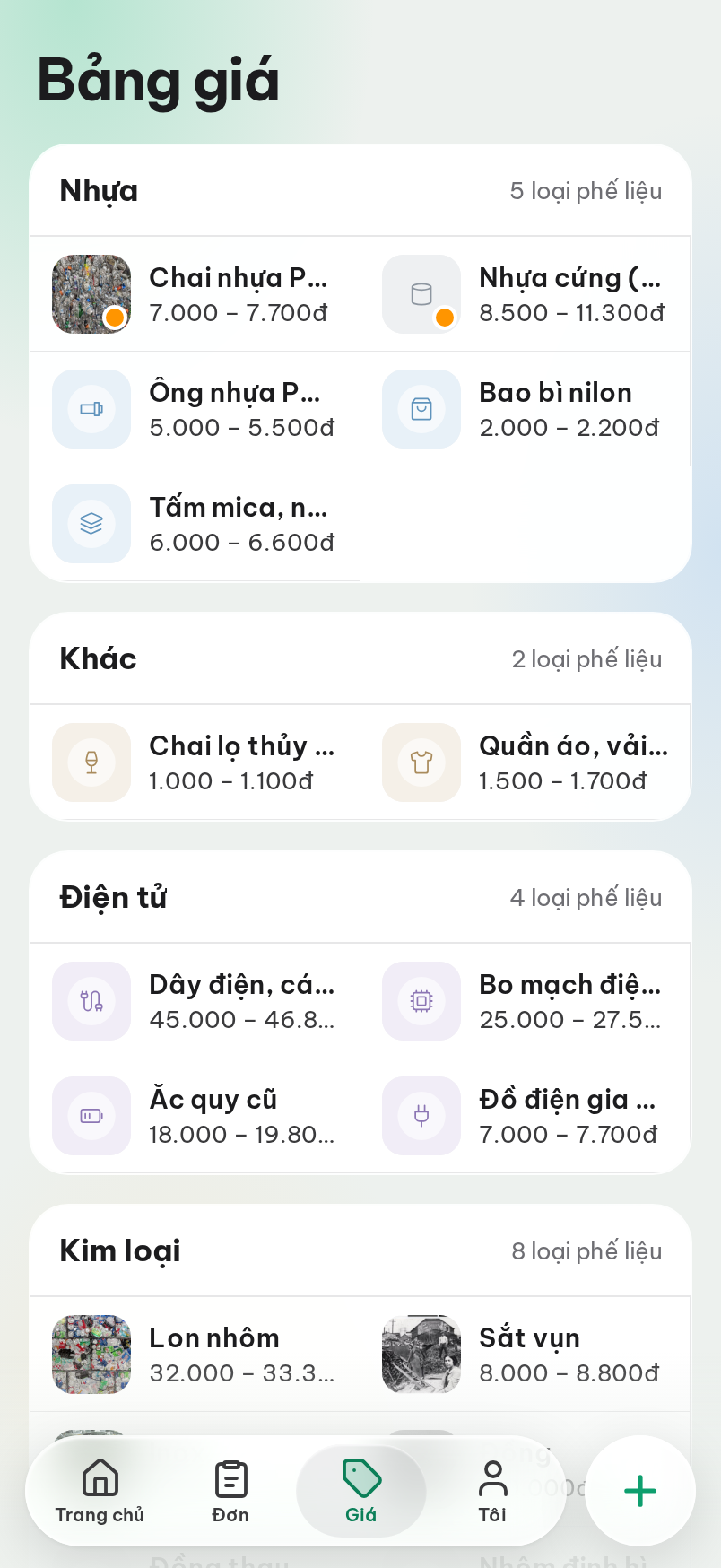 Bảng giá thu mua theo nhóm phế liệu.