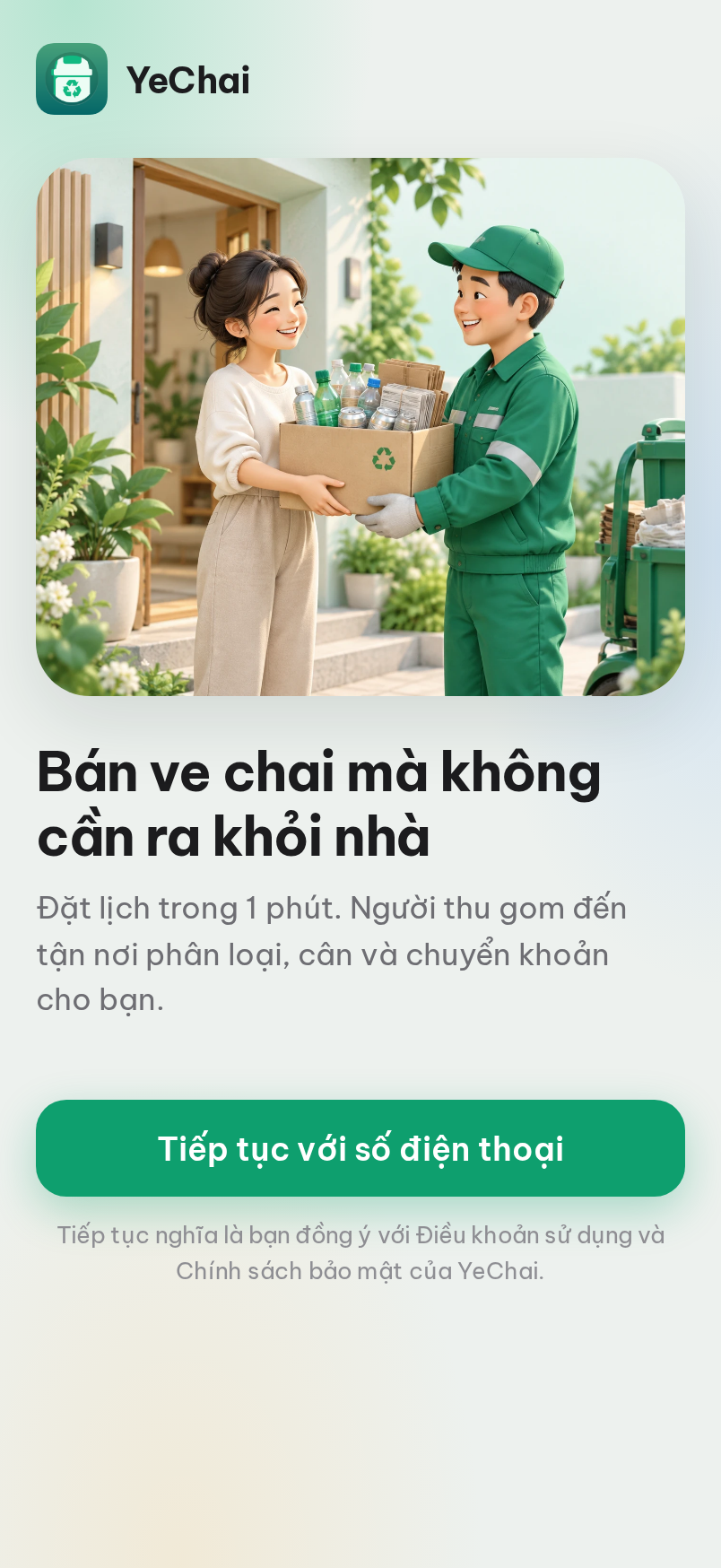 Màn hình chào: logo YeChai, lời giới thiệu và nút bắt đầu đăng nhập.