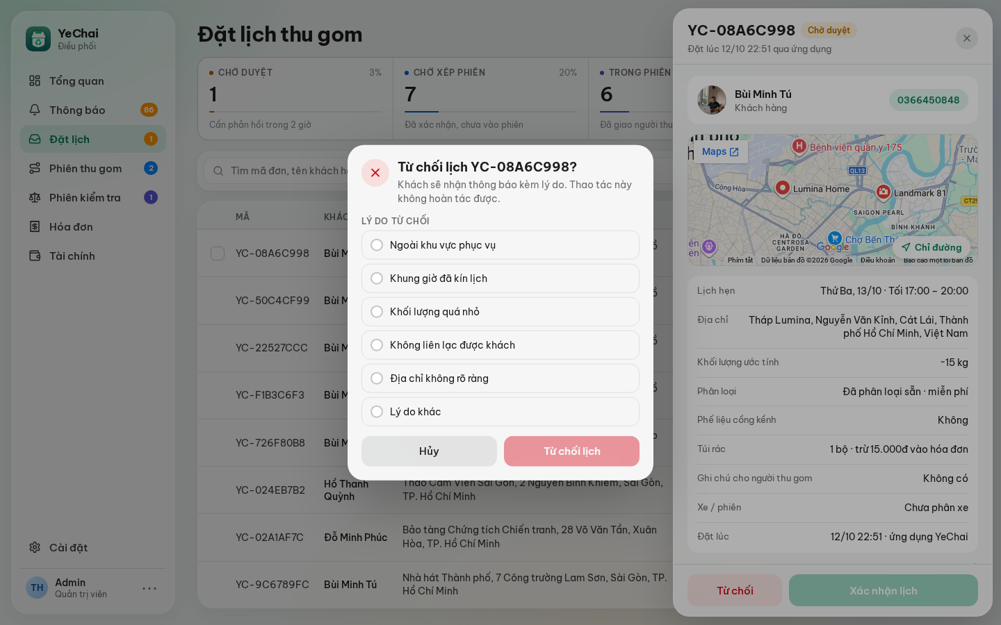 Từ chối lịch hẹn: chọn lý do và ghi chú.