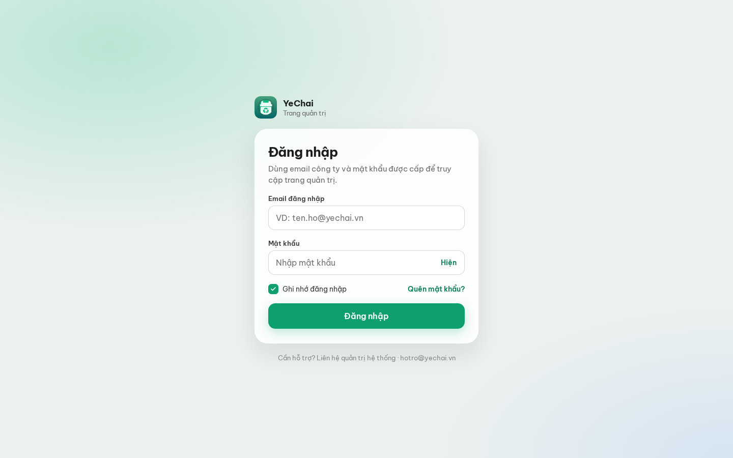 Màn hình đăng nhập trang quản trị bằng email công ty.