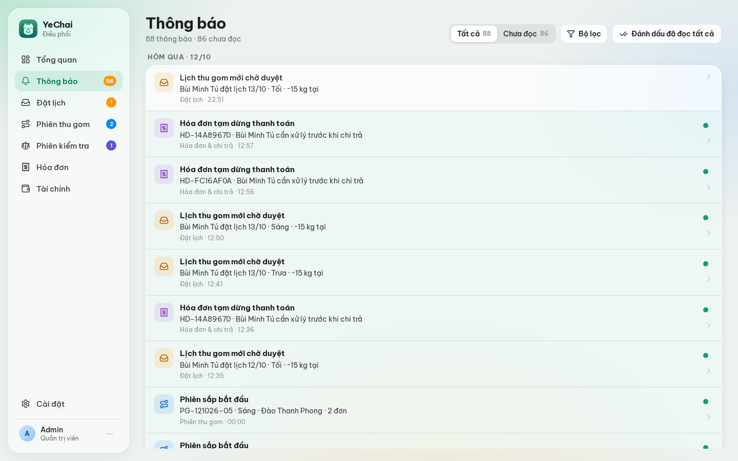 Trung tâm thông báo nội bộ, lọc theo nhóm và mức ưu tiên.